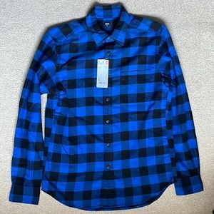 New Uniqlo sz XS 100% cotton button down black and blue plaid shirt